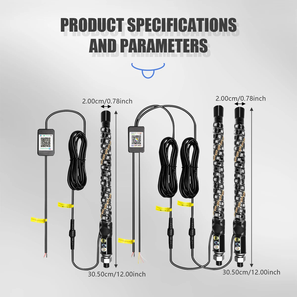 1FT LED Whip Light with APP & RF Remote Control for ATV UTV