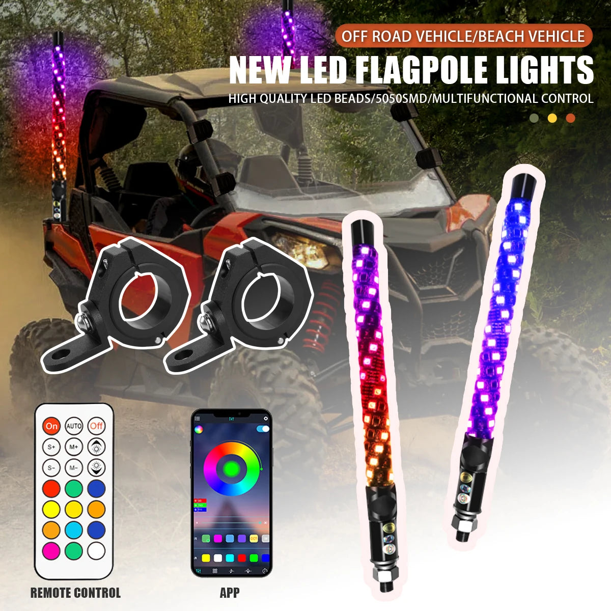 1FT LED Whip Light with APP & RF Remote Control for ATV UTV